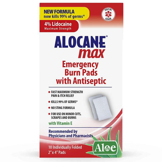 Alocane Max emergency burn pads package, 4% lidocaine 10 count with antiseptic