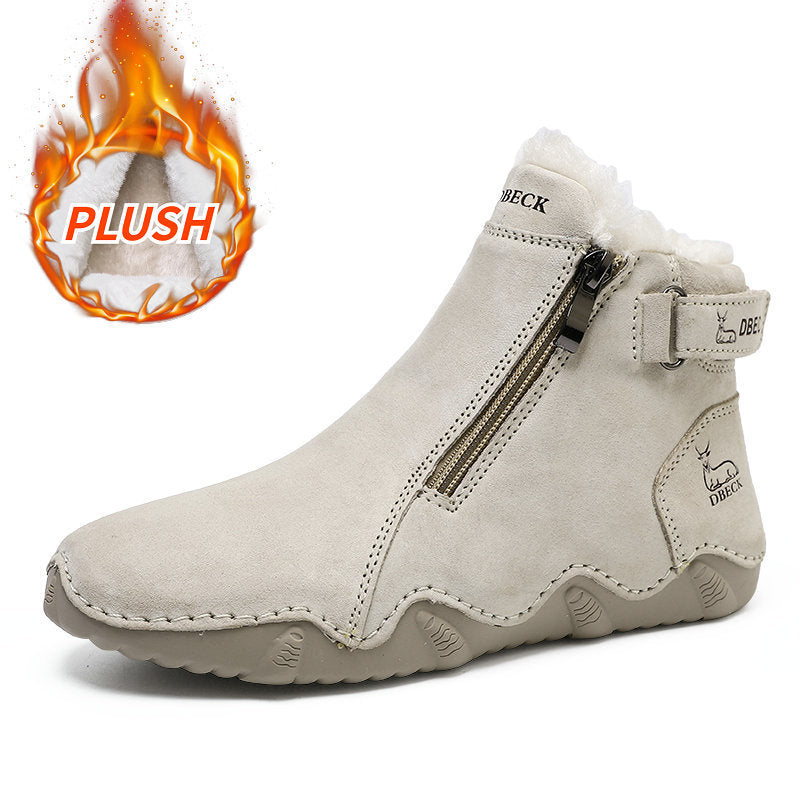 Light beige ankle boots with side zipper, padded collar, and sculpted rubber sole tread.