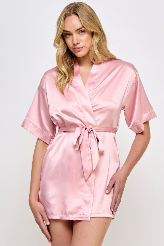 1947 Getting Ready robe, pink satin V-neck tie belt, short sleeves