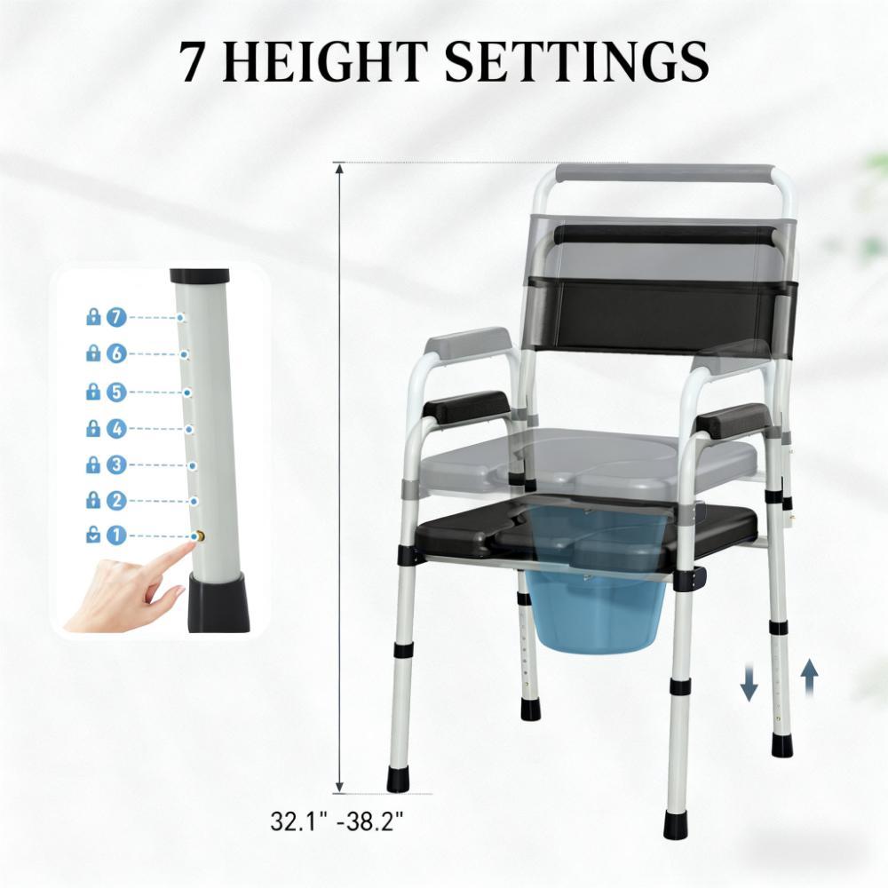 Adjustable commode chair with black seat, armrests, and removable blue bucket