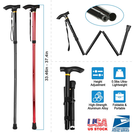 Set of adjustable folding walking sticks, black and red, with anti-slip rubber tips