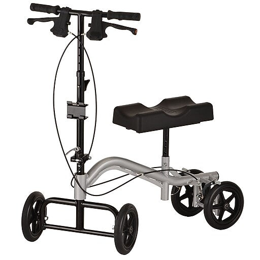 Nova knee walker with silver frame, black handlebar and padded knee platform, four wheels