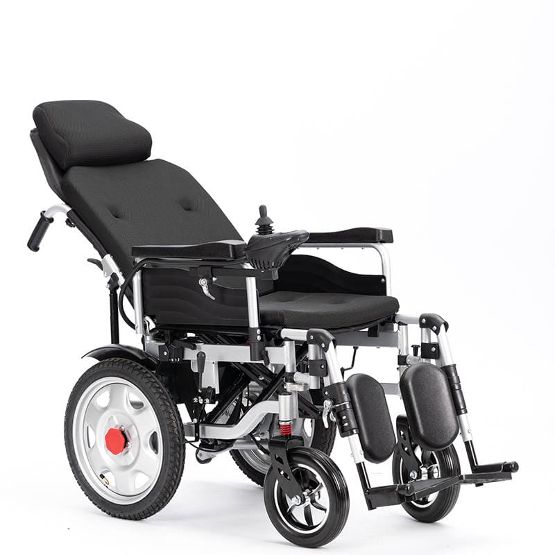 Electric wheelchair with reclining back, black armrests, footrests, and large front wheels