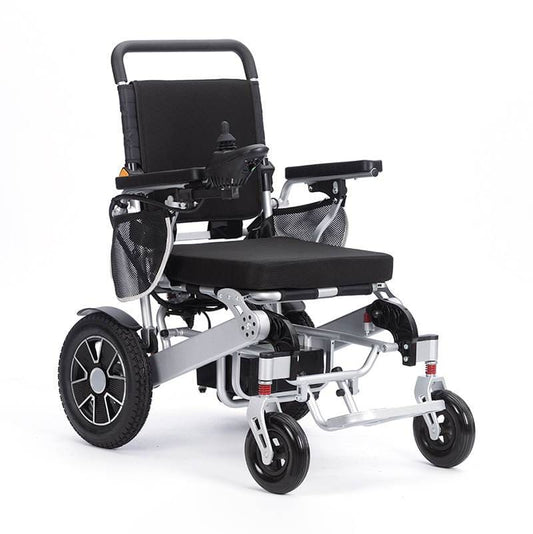 Electric wheelchair with black padded seat, armrests, and front caster wheels