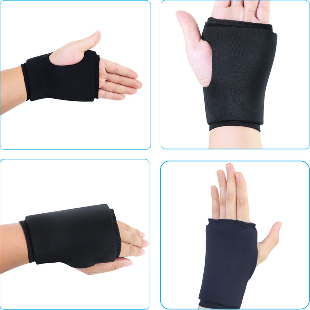Black wrist ice pack wrap shown from multiple angles with thumb opening and padded sides