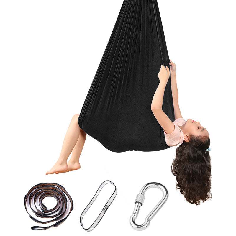Hanging hammock swing chair in black with included rope, straps, and carabiners.