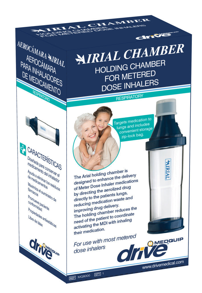 Airial holding chamber box, dark blue packaging with inhaler holding chamber illustration