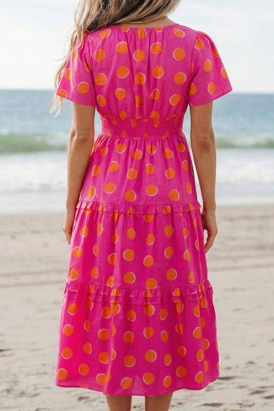 Rose high-waist tiered midi dress with yellow dot print, gathered back yoke