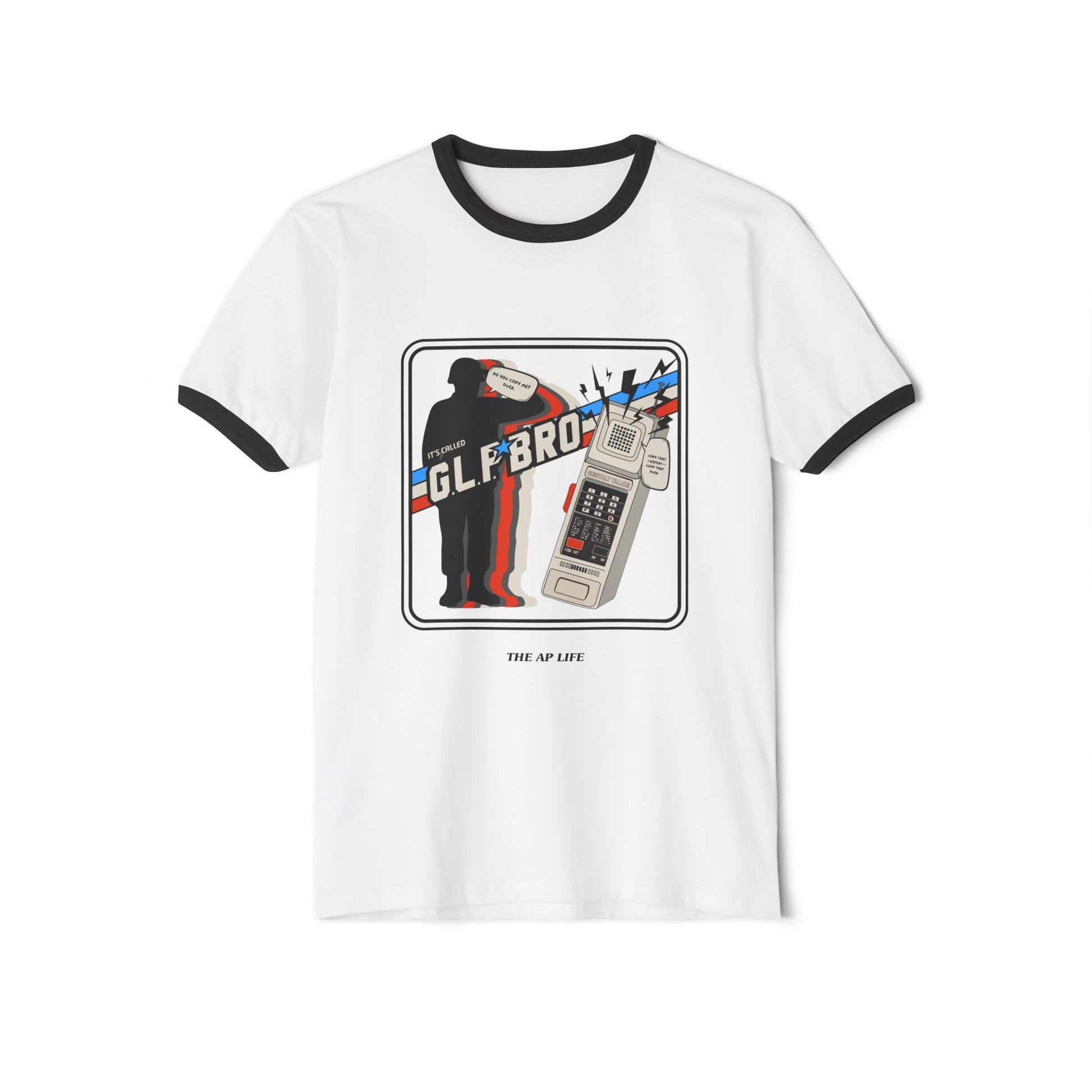 White adult unisex cotton ringer T-shirt with black trim and front graphic print.