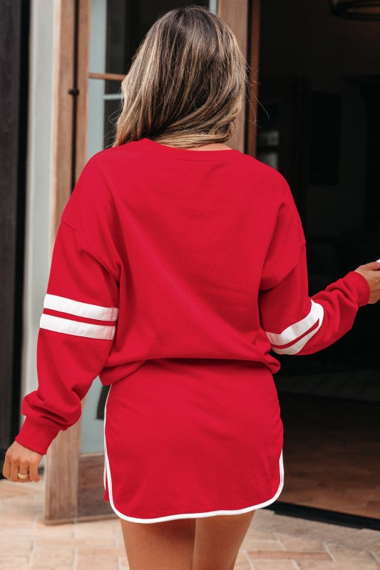Red back-view sweatshirt and mini skirt set with white stripe cuffs and drawstring waist