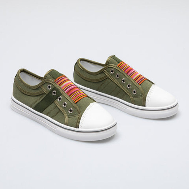 Olive canvas round-toe sneakers with elastic gore, rainbow stripe detail, white sole