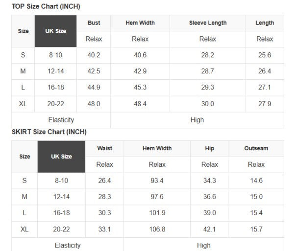 Top and mini skirt size chart for UK sizes with bust, sleeve, waist, and hem measures