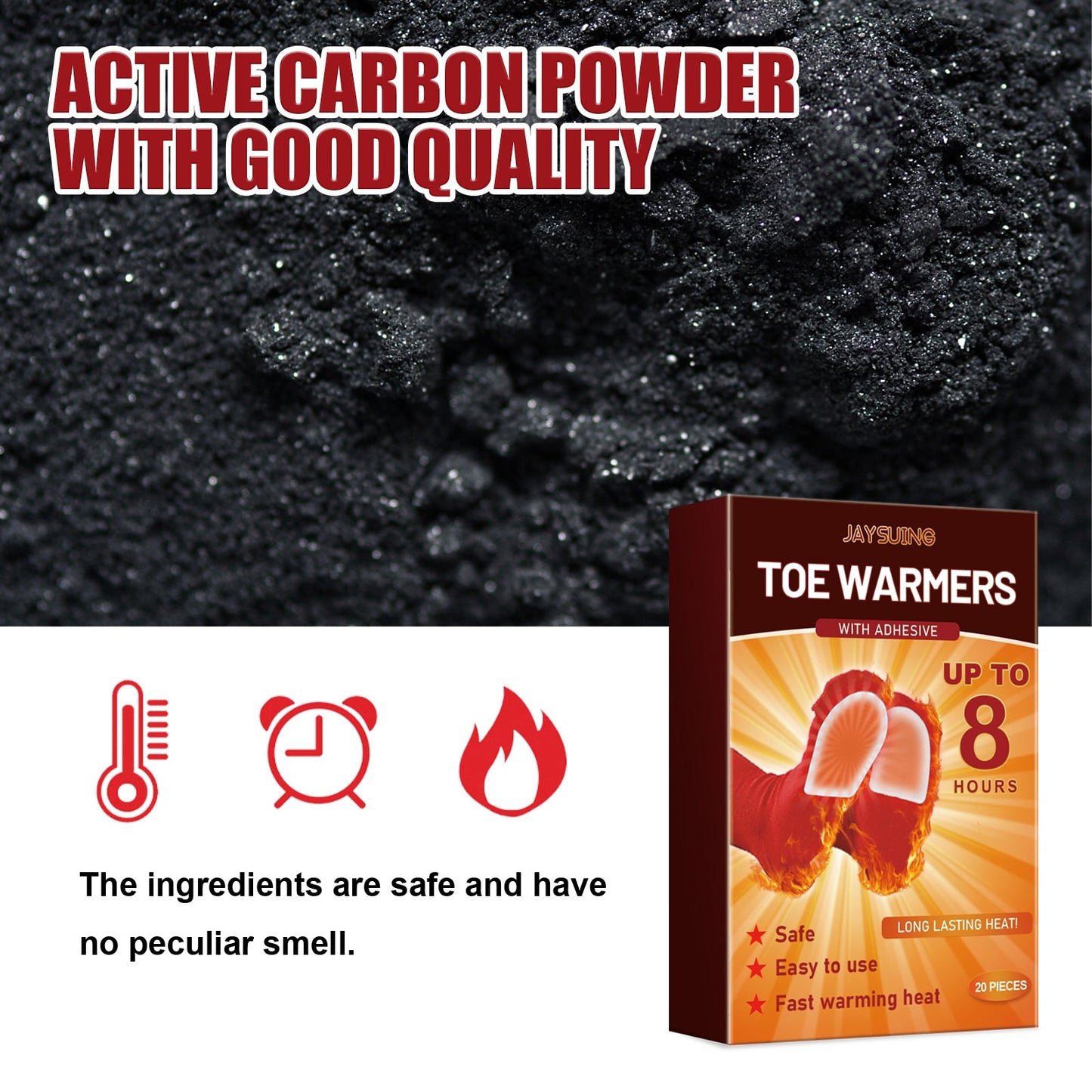 Toe warmer box with active carbon powder ingredient icons