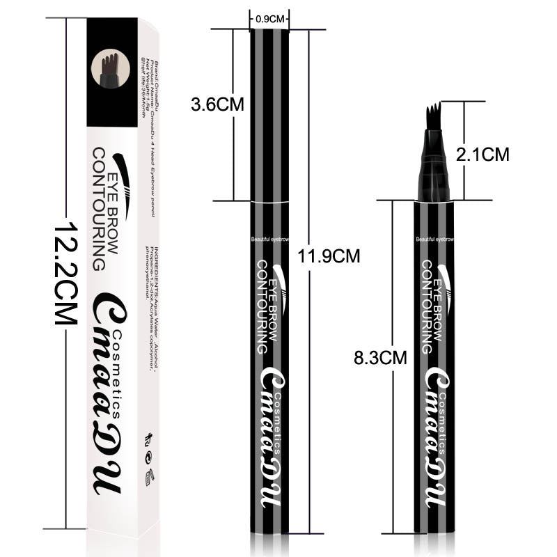 Four-point eyebrow pencil with black casing and four-tip applicator; size measurements