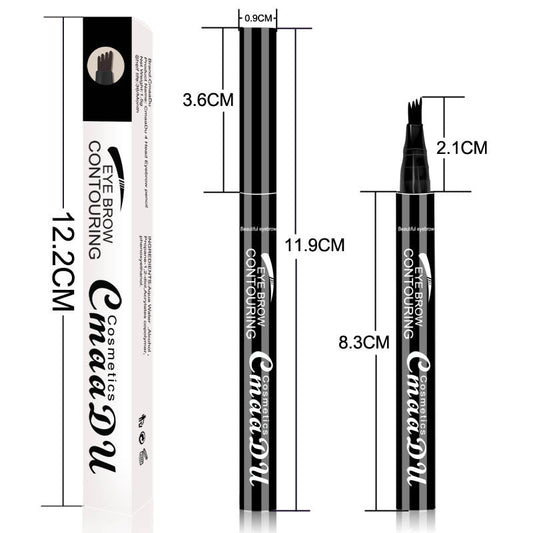 Four-point eyebrow pencil with black casing and four-tip applicator; size measurements