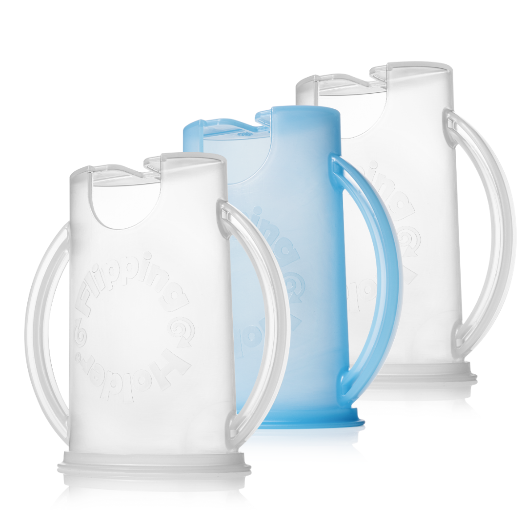 3-pack flipping holder set with white pouch cups and one light blue cup