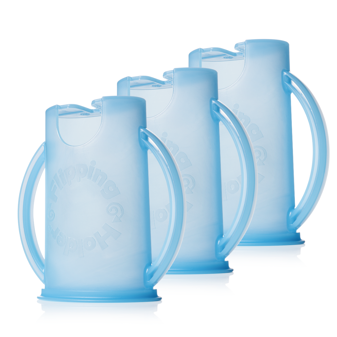 3-pack flipping holder set with light blue pouch cups and carry handles