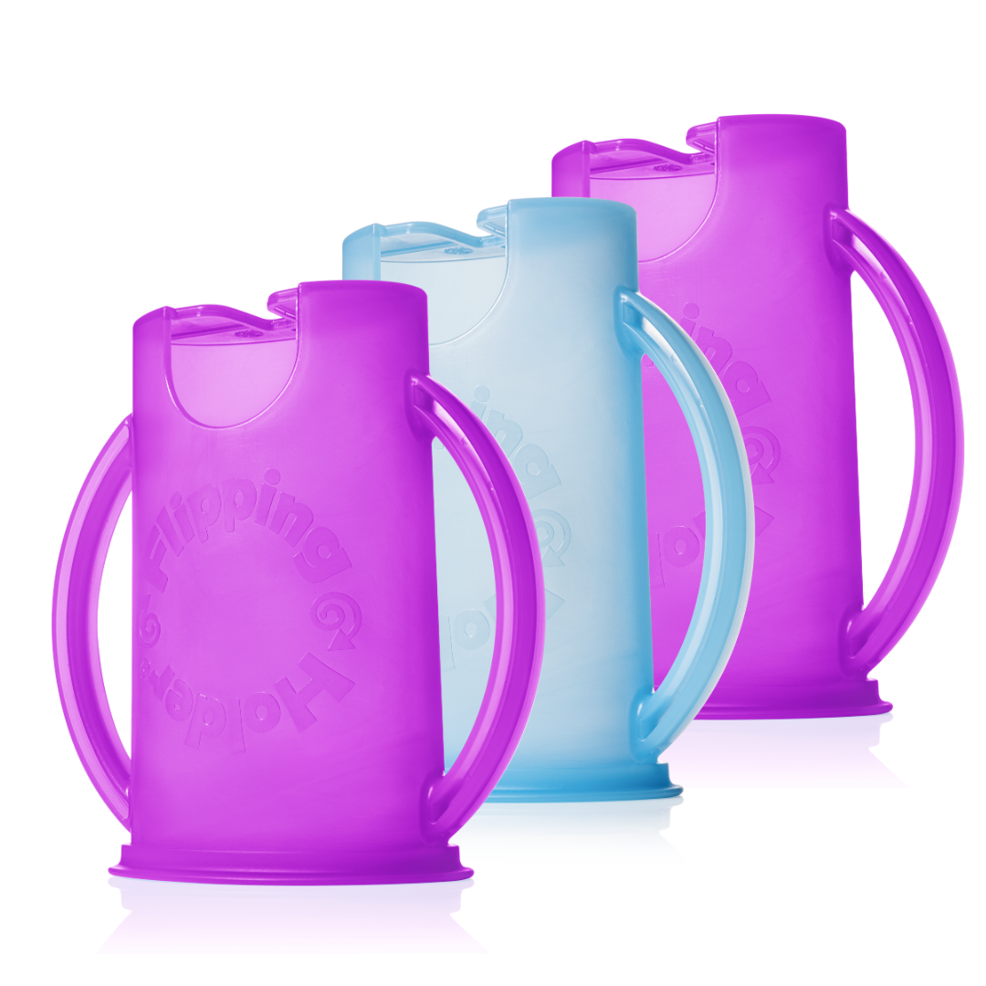 Purple 3-pack flipping holder set with one light blue pouch cup