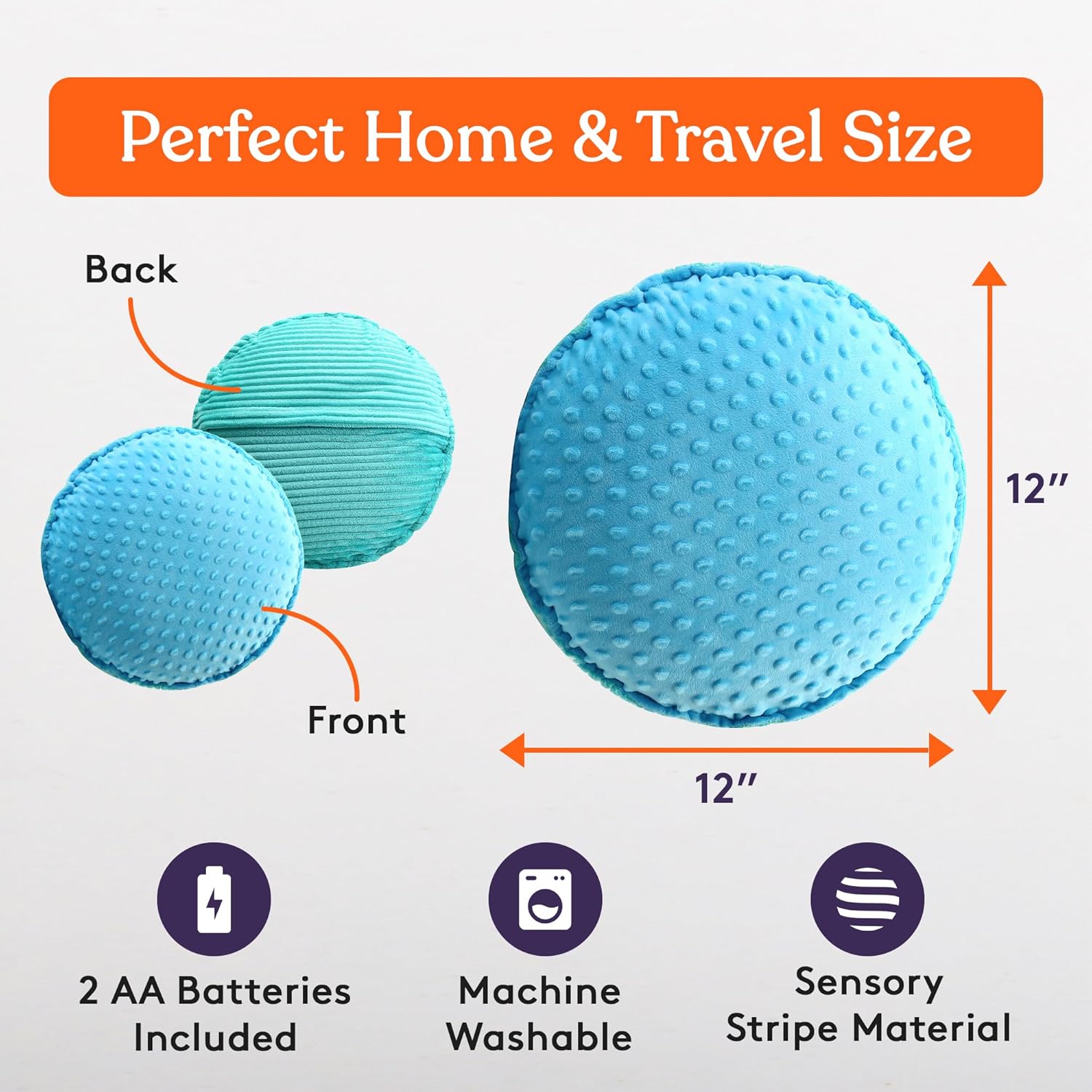 Blue sensory pillow showing front dot texture and back ribbed stripe fabric, round 12-inch.