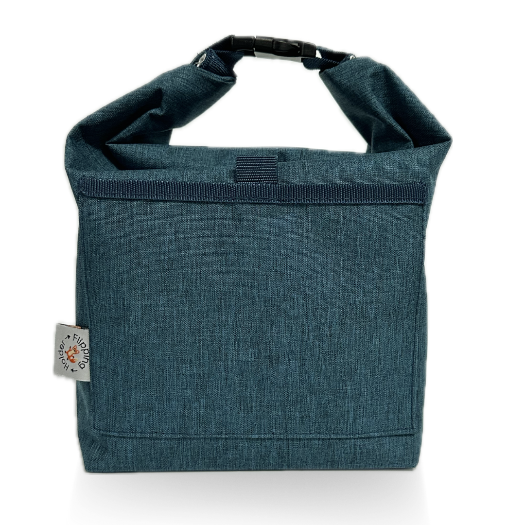 Teal thermal tote bag with top handles and front pocket detail