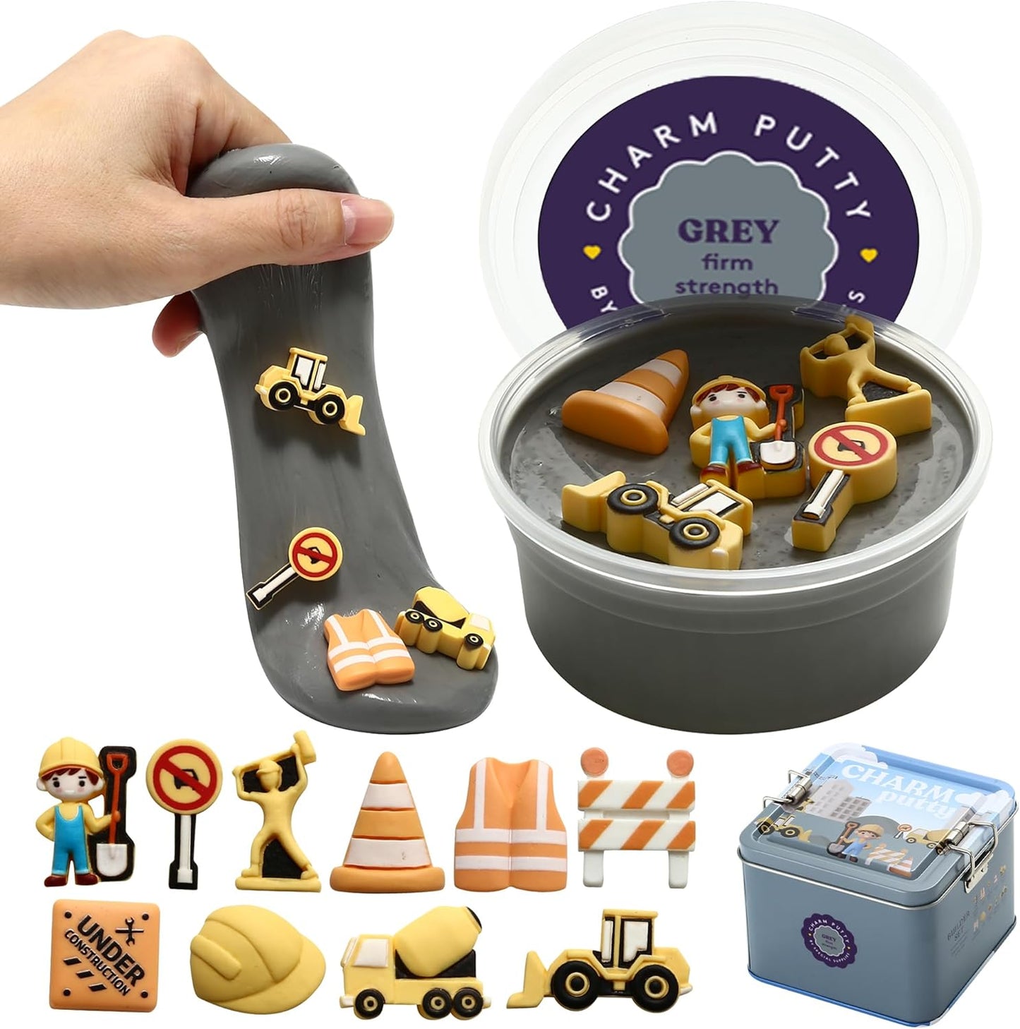 Grey sensory putty in hand and open jar with construction tool charm pieces