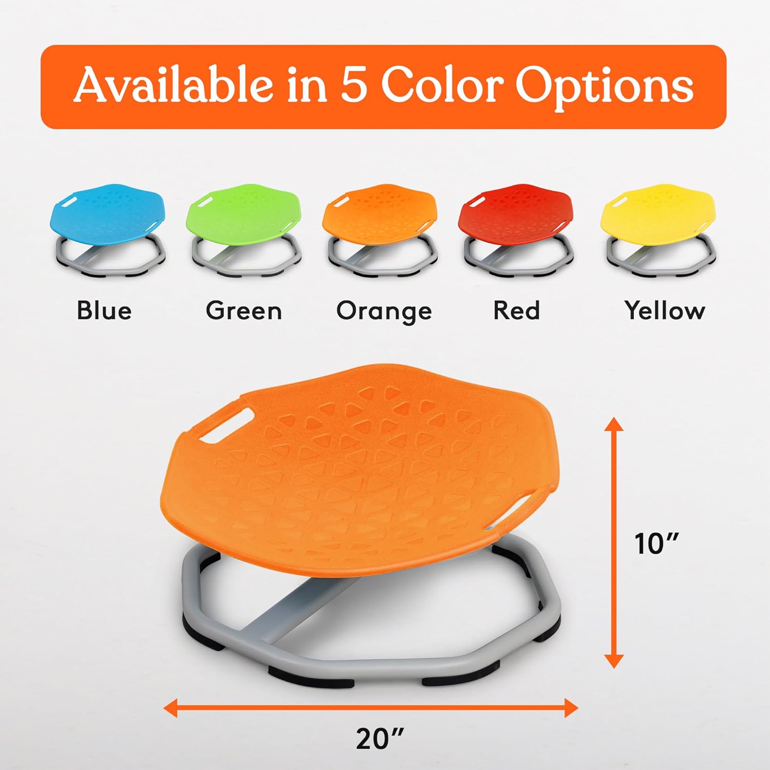 Kids sensory spin chair in five colors: blue, green, orange, red, yellow.