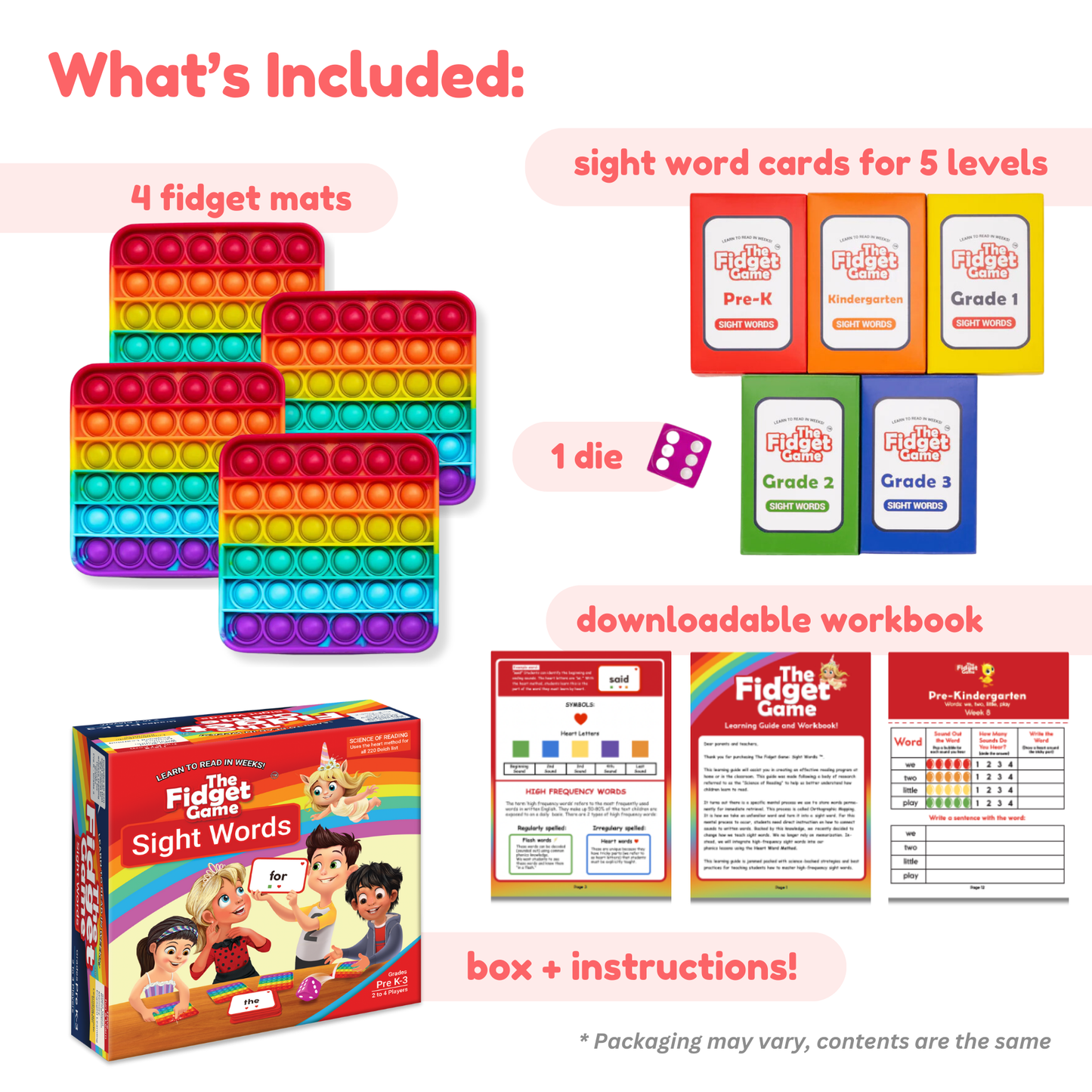 Pop-it fidget mats set with dice, sight-word cards, and downloadable workbook preview