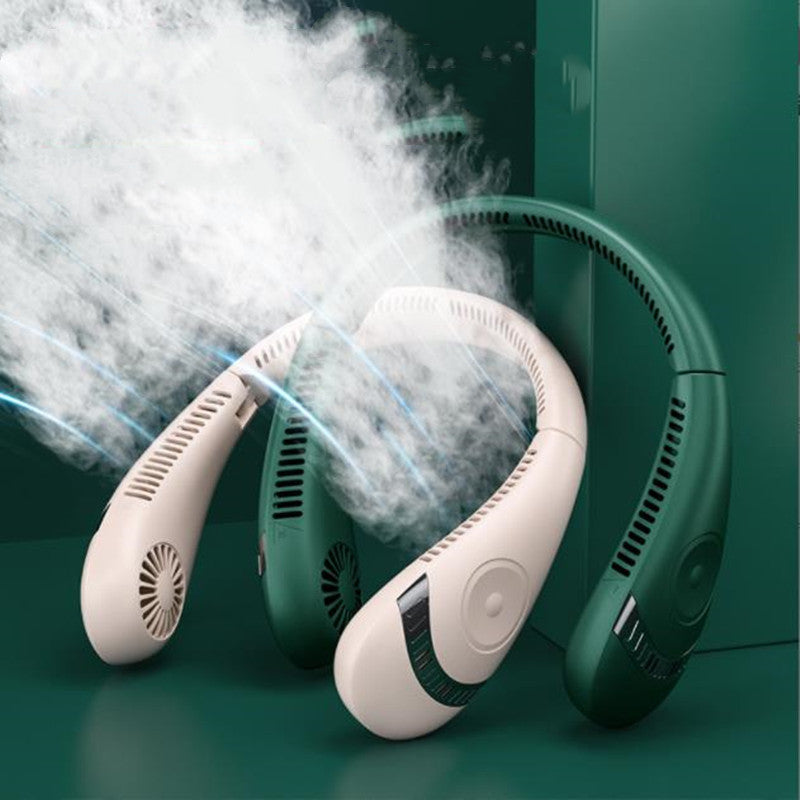 Portable hanging neck fan, white design with side vents and small control panel with display.