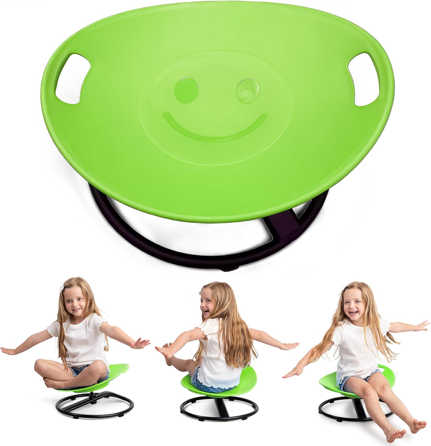 Green kids spinning chair with smile face, side handholds, and black pivot base