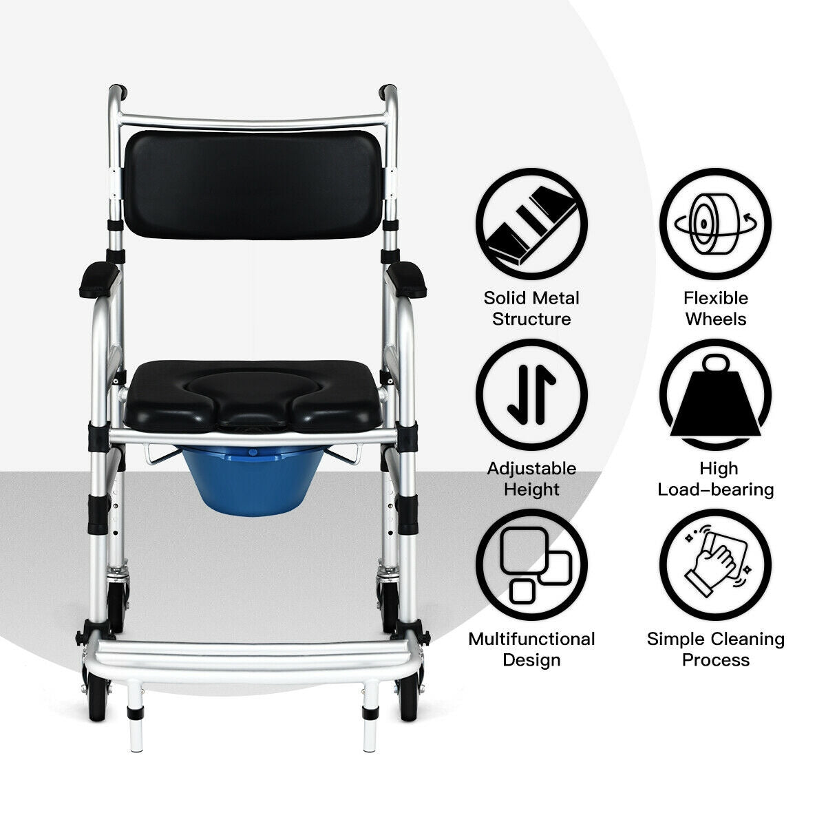 Front view commode wheelchair with adjustable height frame, solid metal structure, wheels