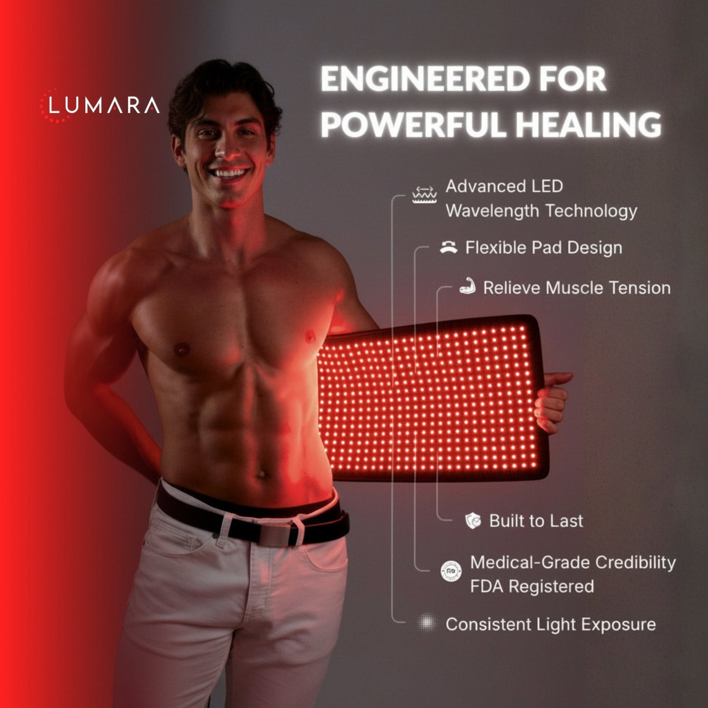 Black LED therapy pad held up with glowing red dot matrix panel