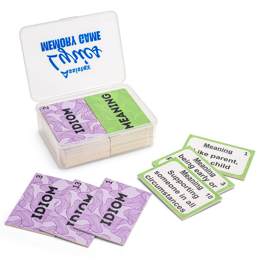 2-in-1 matching memory card game case with mixed stacks of lyric and meaning cards