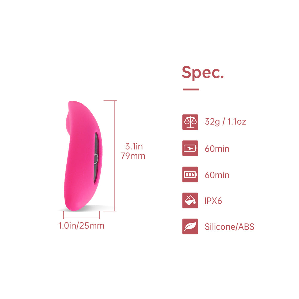 Pink silicone personal massager with size markings and spec icons
