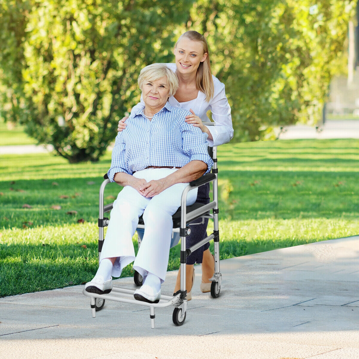 Aluminum 2-in-1 shower commode wheelchair with detachable bucket and locking casters