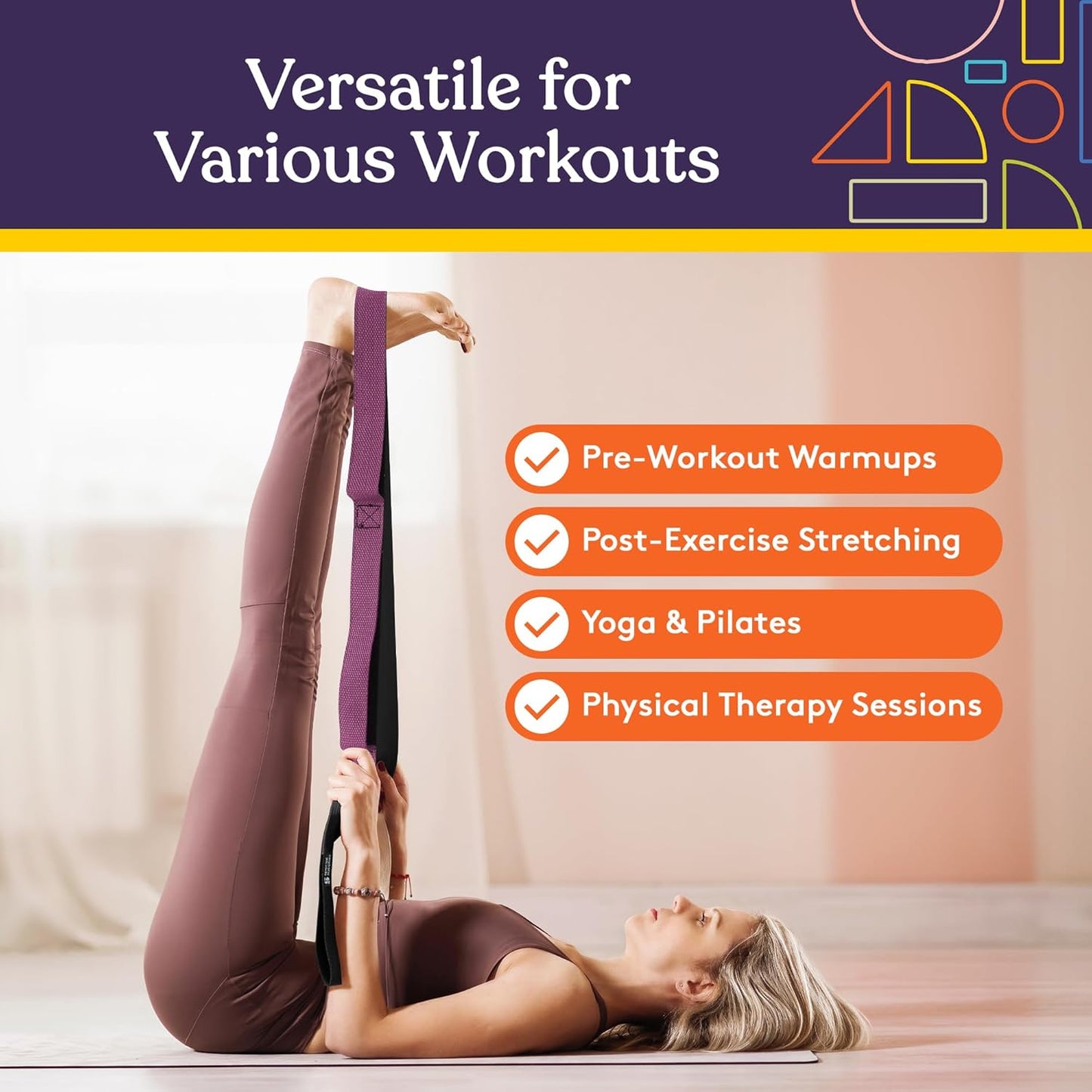 Purple yoga strap used for stretching with bare feet and a blue balance pad