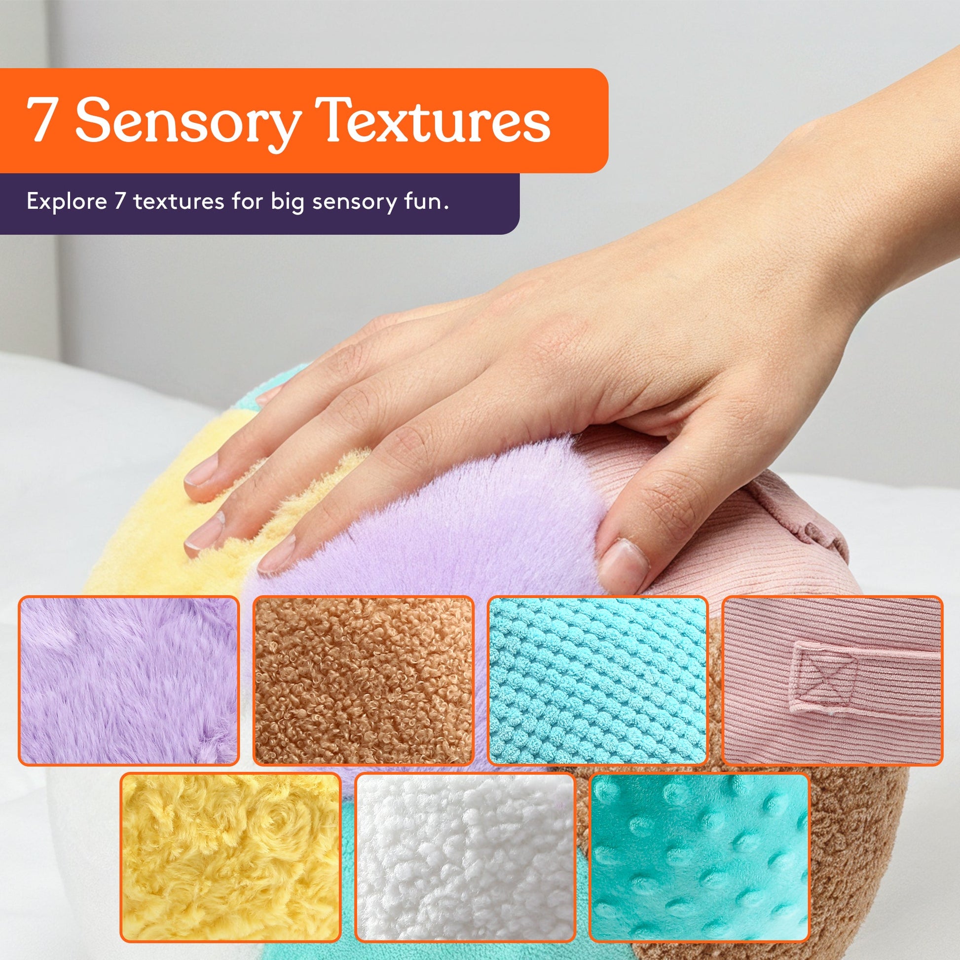 Sensory weighted pillow showing multiple fabric textures in purple, brown, teal, and yellow