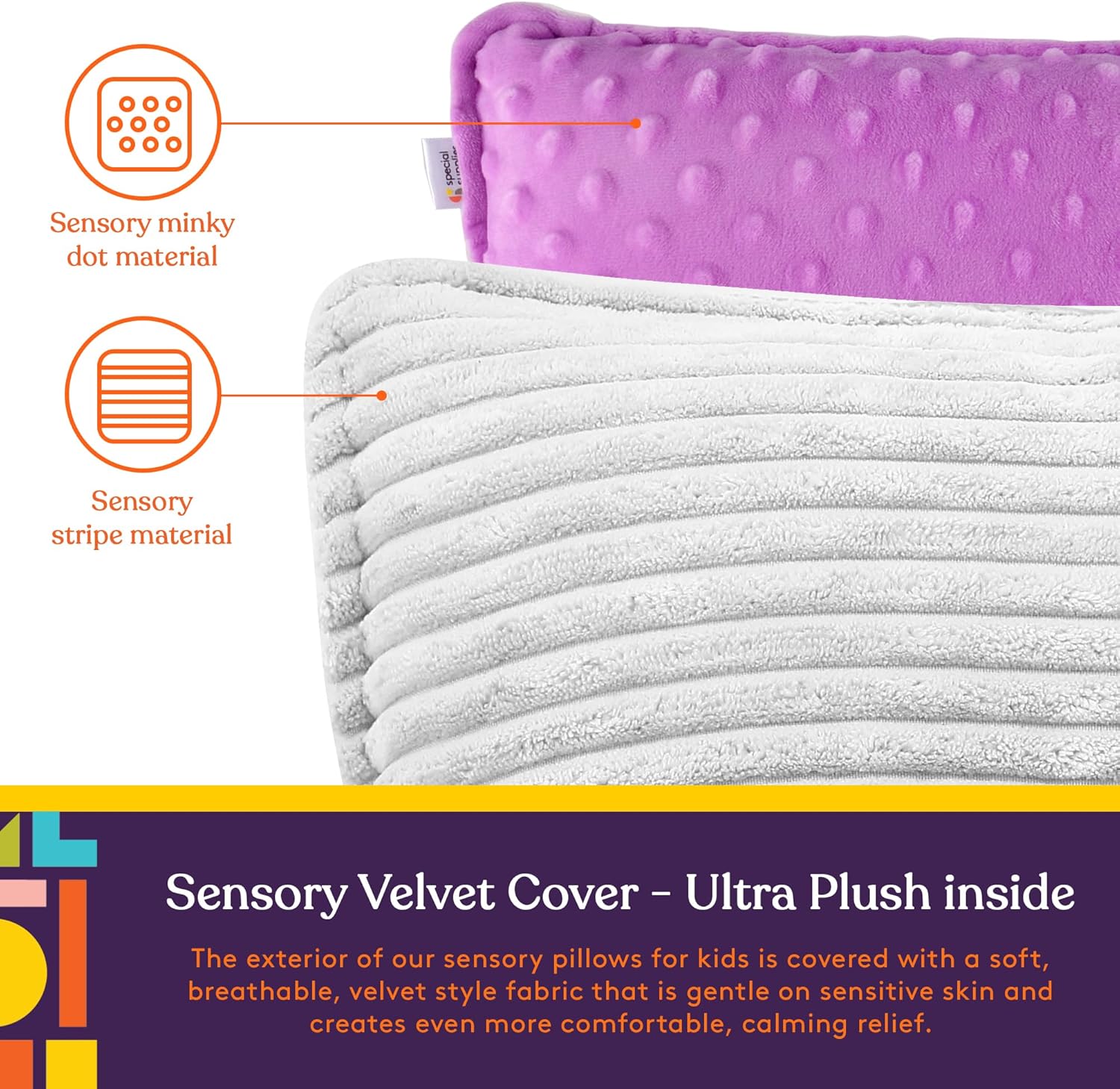 Purple textured sensory cover pillow beside soft gray striped fabric