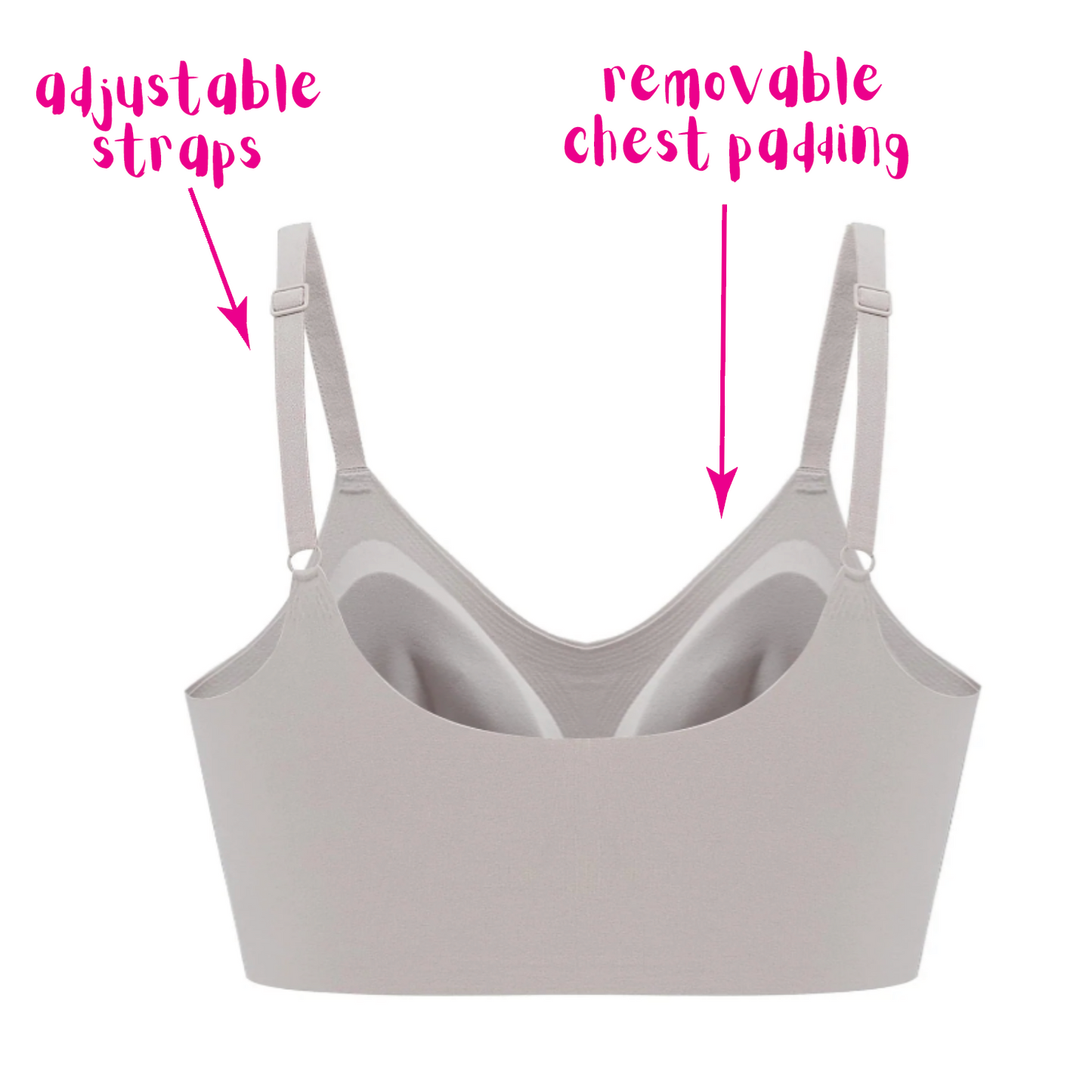 Light gray bra showing adjustable straps and removable chest padding