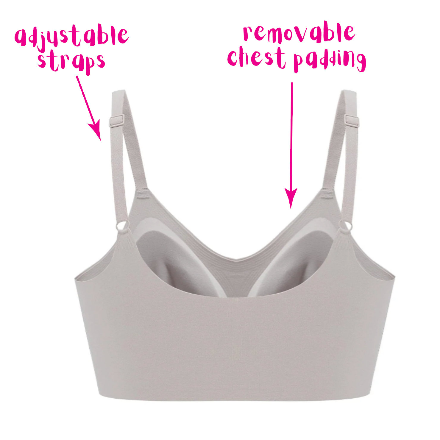 Light gray bra showing adjustable straps and removable chest padding