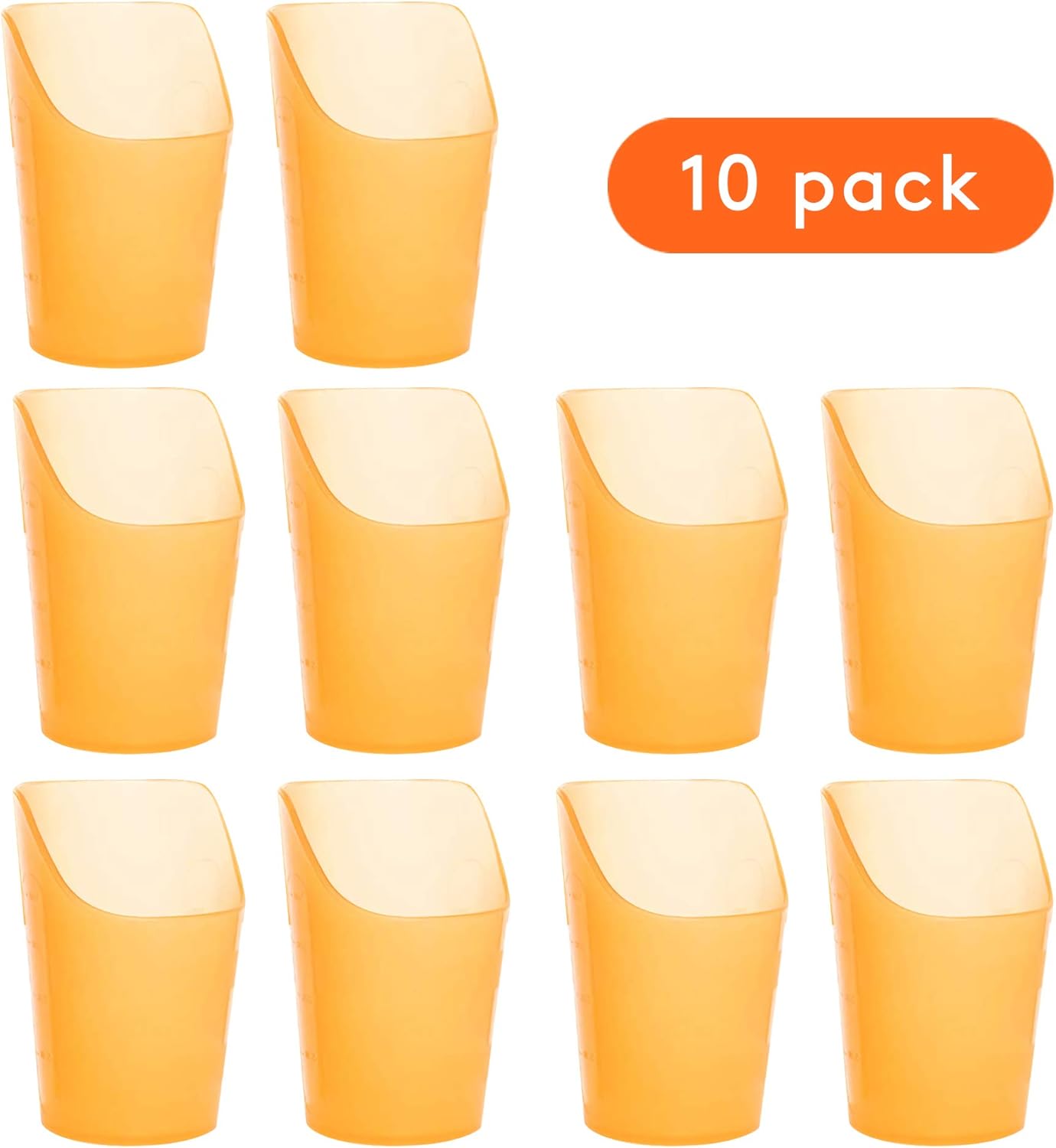 Set of 10 small flexible therapy drink cups in orange plastic with front nose cutout