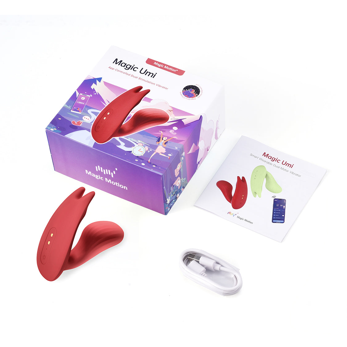 Red dual stimulation vibrator with two curved tips and small side button dots