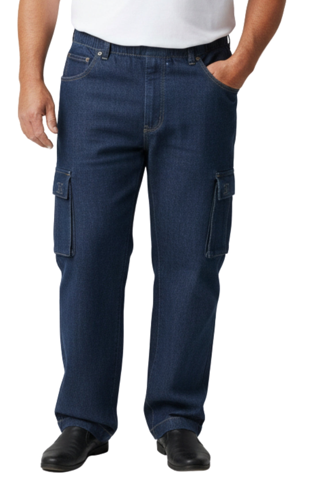 Person wearing blue cargo pants on a white background