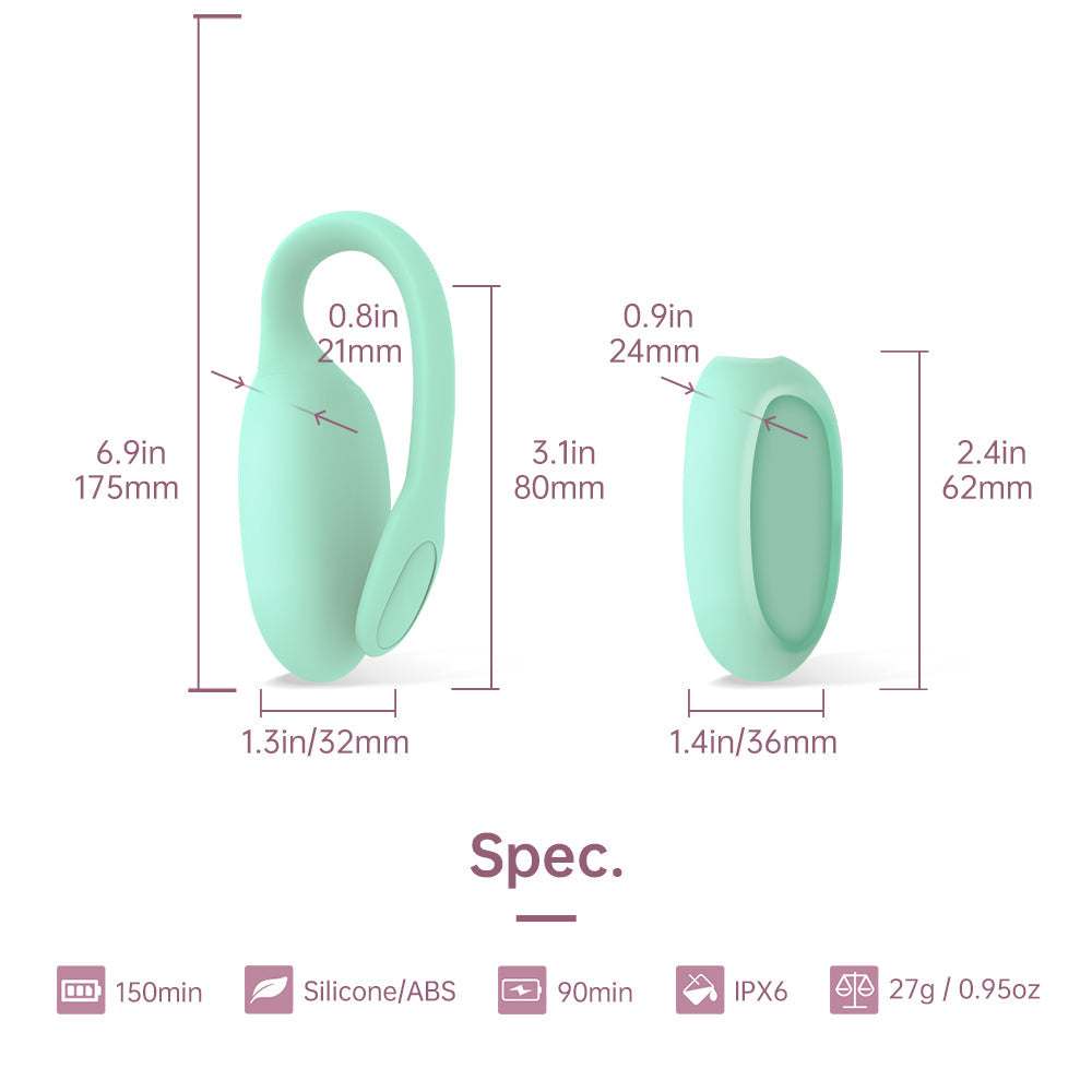 Mint green silicone kegel exercise device shown with size measurements
