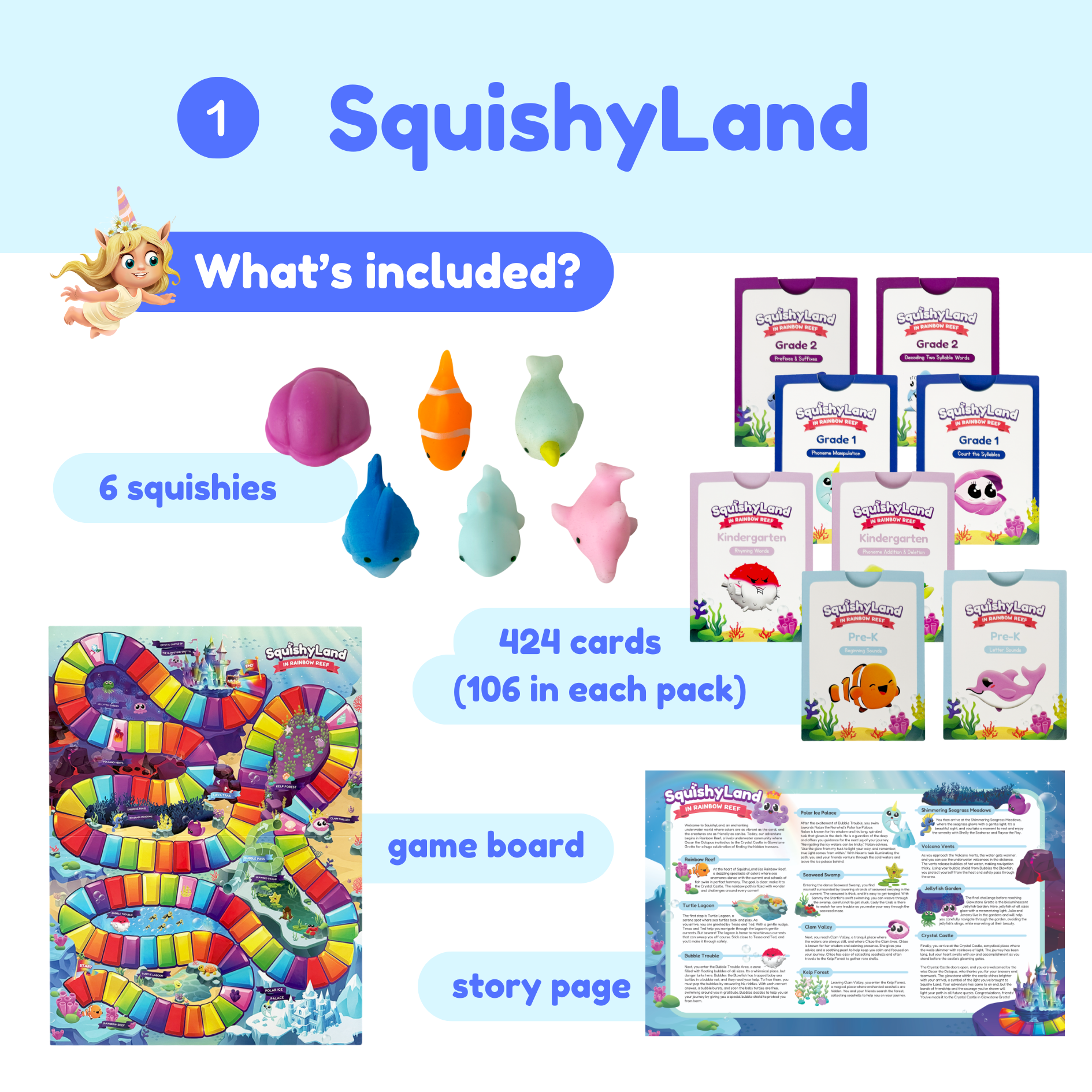Pre-K fidget game set with squishies, card packs, game board, and story page