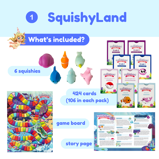 Pre-K fidget game set with squishies, card packs, game board, and story page
