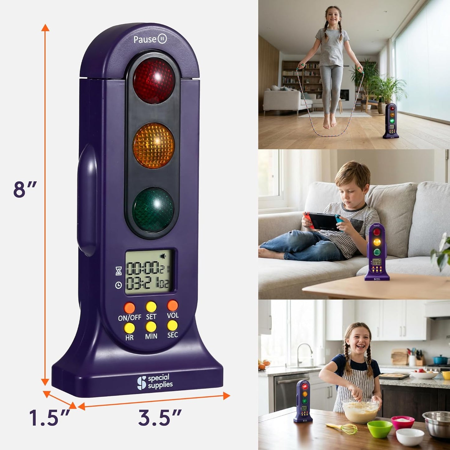 Purple traffic-light timer with digital screen, three colored lights, and bottom control buttons