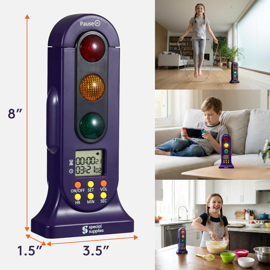 Purple traffic-light timer with digital screen, three colored lights, and bottom control buttons