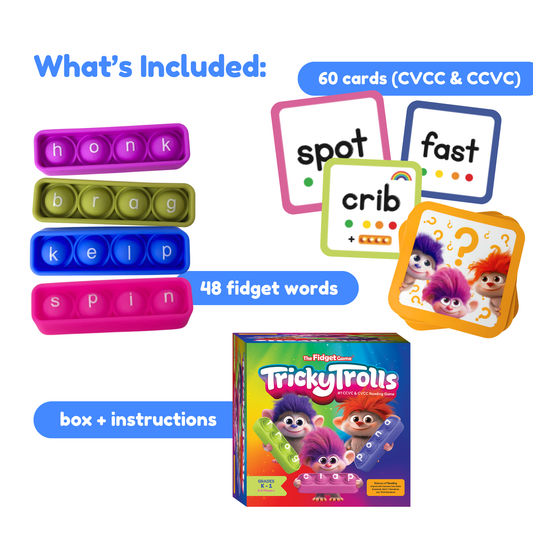 Phonics reading game tiles and word cards, including sample card with characters