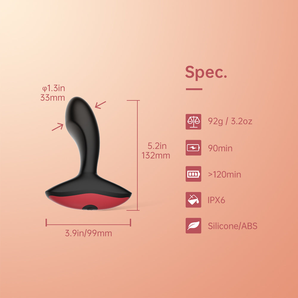 Black silicone anal massager with curved tip and red underside accent; size view