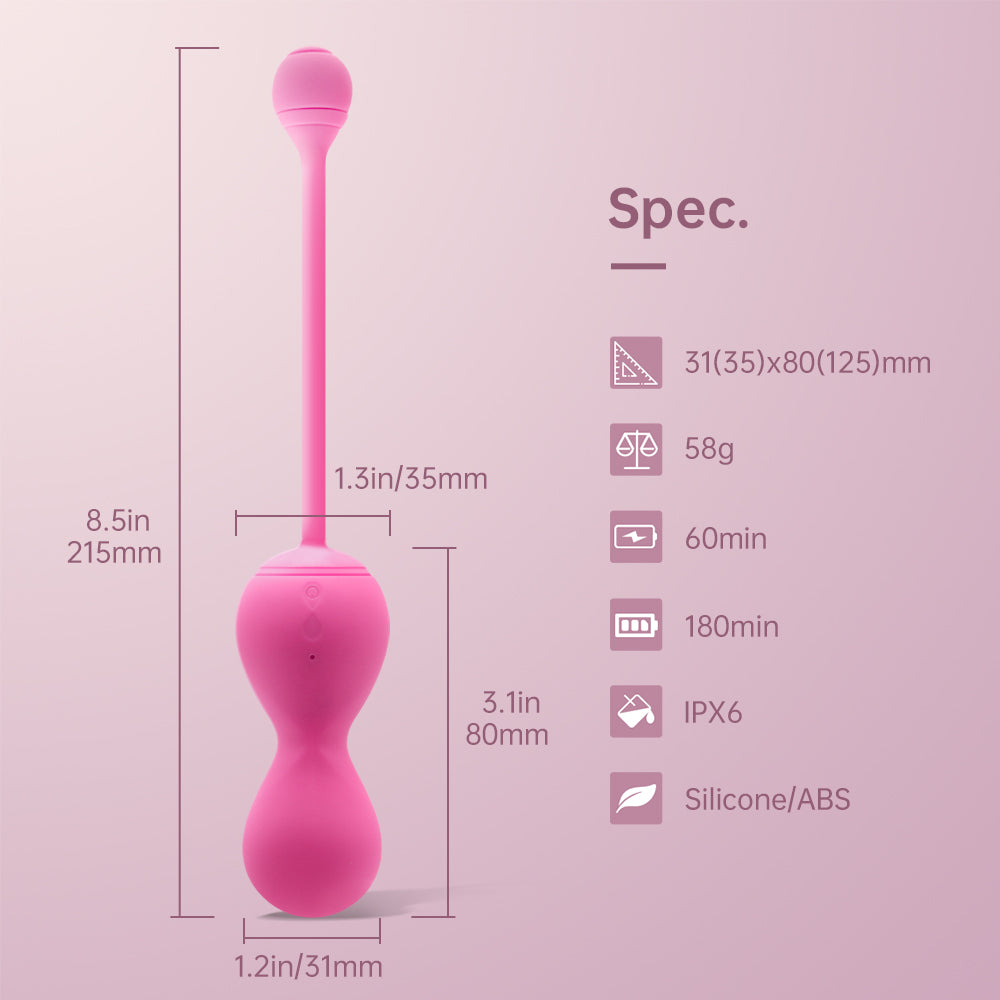 Pink pelvic floor trainer with tall curved handle and rounded bulb, size diagram